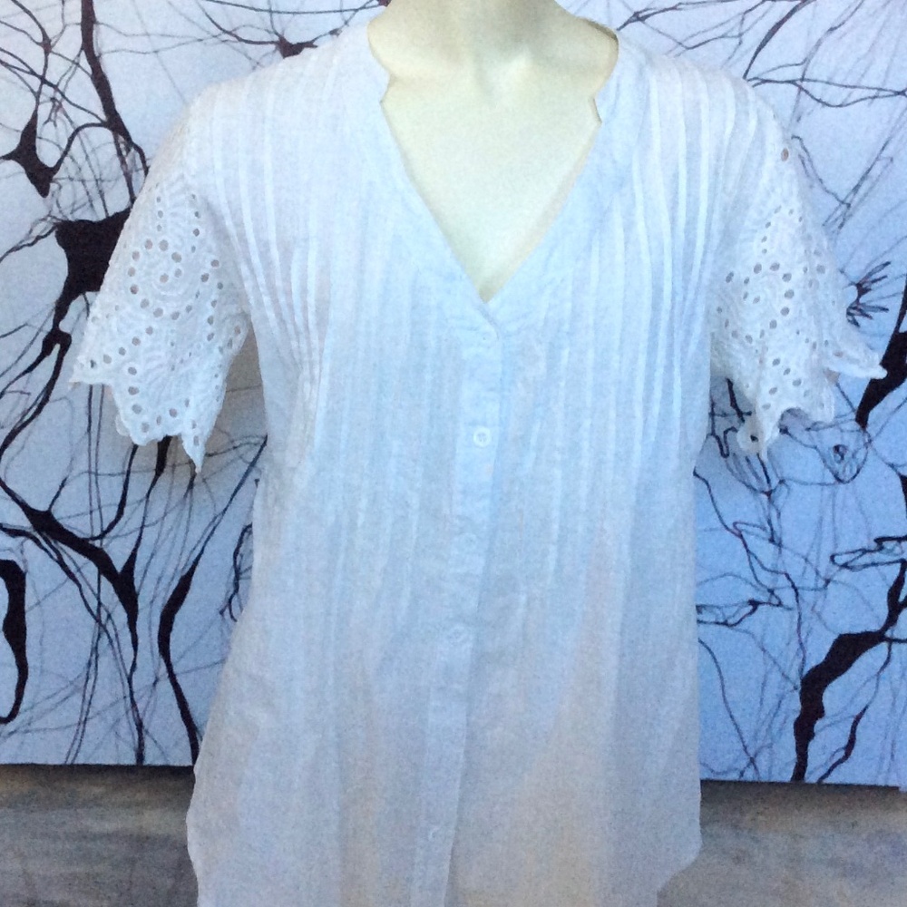 White Button-Down Eyelet Short-Sleeve Blouse